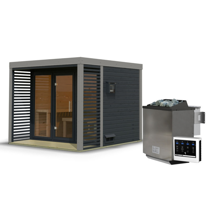 Sauna d'extérieur en bois anthracite 6 à 8 places - parois 38mm - avec terrasse - poêle Easy Bio ctrl externe - Ares 3 - KARIBU