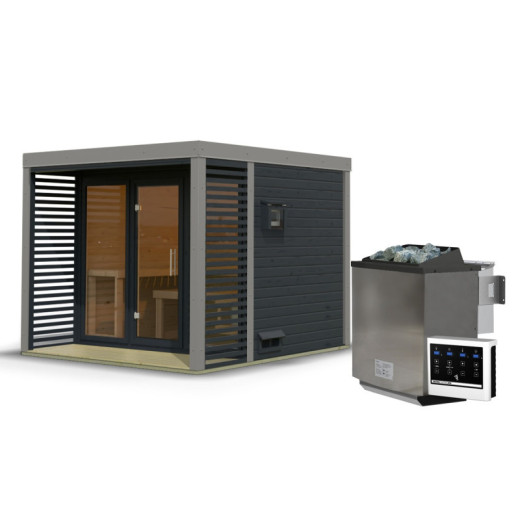 Sauna d'extérieur en bois anthracite 6 à 8 places - parois 38mm - avec terrasse - poêle Easy Bio ctrl externe - Ares 3 - KARIBU