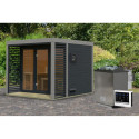 Sauna d'extérieur en bois anthracite 6 à 8 places - parois 38mm - avec terrasse - poêle Easy Bio ctrl externe - Ares 3 - KARIBU
