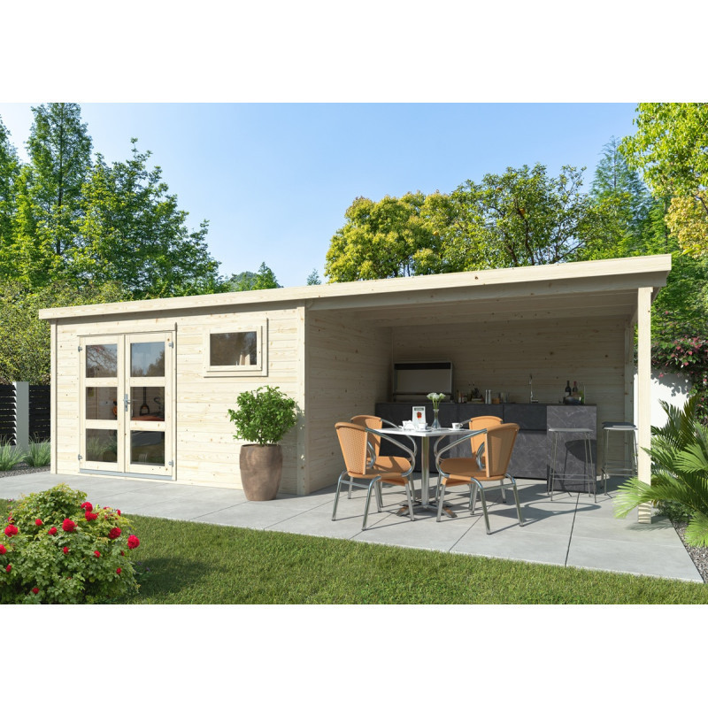 Abri de jardin en bois brut 10,63m² Lya 2 avec terrasse - madriers 28mm - WhiteWood