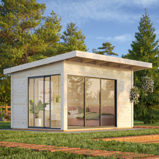 Bureau de jardin en bois brut 11,7m² Andrea - madriers 44mm - Palmako
