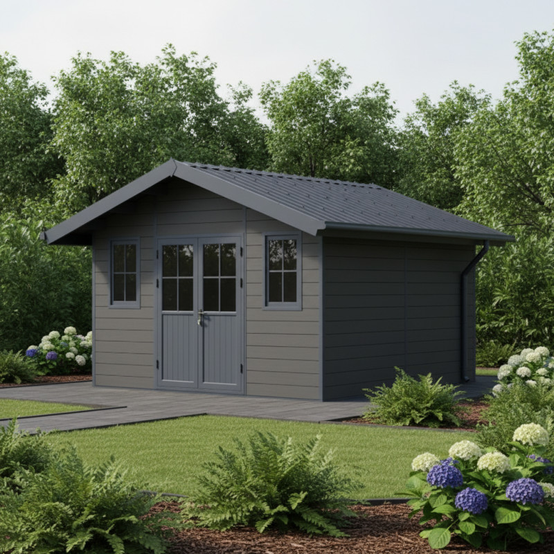 Abri de jardin en bois composite 28mm gris foncé et armature anthracite 14,75m² PREMIUM - Woodlife Garden