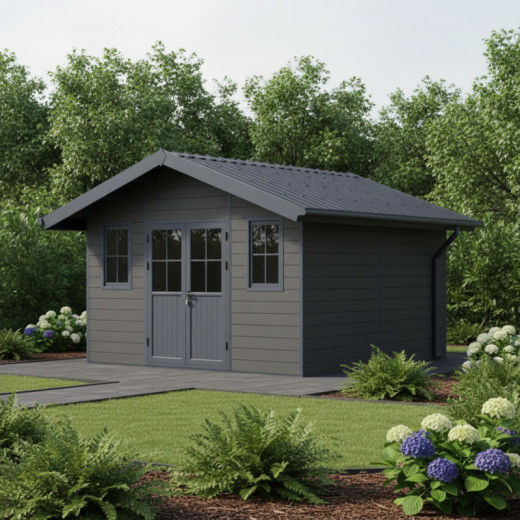 Abri de jardin en bois composite 28mm gris foncé et armature anthracite 14,75m² PREMIUM - Woodlife Garden
