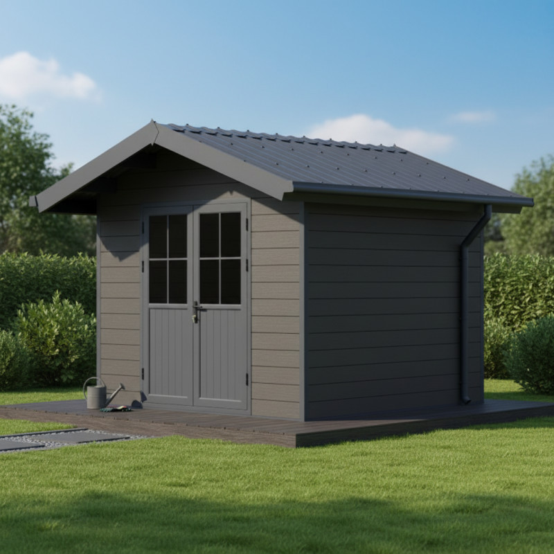 Abri de jardin en bois composite 28mm gris foncé et armature anthracite 7,78m² PREMIUM - Woodlife Garden