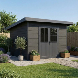 Abri de jardin en bois composite 28mm gris foncé et armature anthracite 9m² PREMIUM toit plat - Woodlife Garden