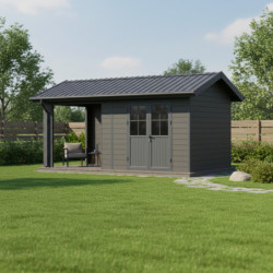 Abri de jardin + terrasse en bois composite 28mm gris foncé et armature anthracite 15m² PREMIUM - Woodlife Garden