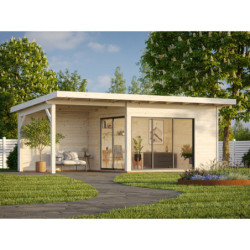 Bureau de jardin en bois brut 11,7m² Andrea avec terrasse 9,09m² - madriers 44mm - Palmako