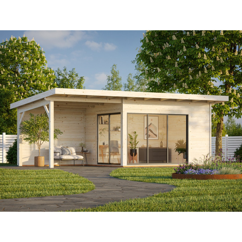 Bureau de jardin en bois brut 11,7m² Andrea avec terrasse 9,09m² - madriers 44mm - Palmako