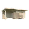Bureau de jardin en bois brut 11,7m² Andrea avec terrasse 9,09m² - madriers 44mm - Palmako