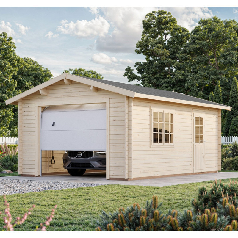 Garage en bois brut 19,8m² Roger - madriers 44mm - porte sectionnelle - Palmako