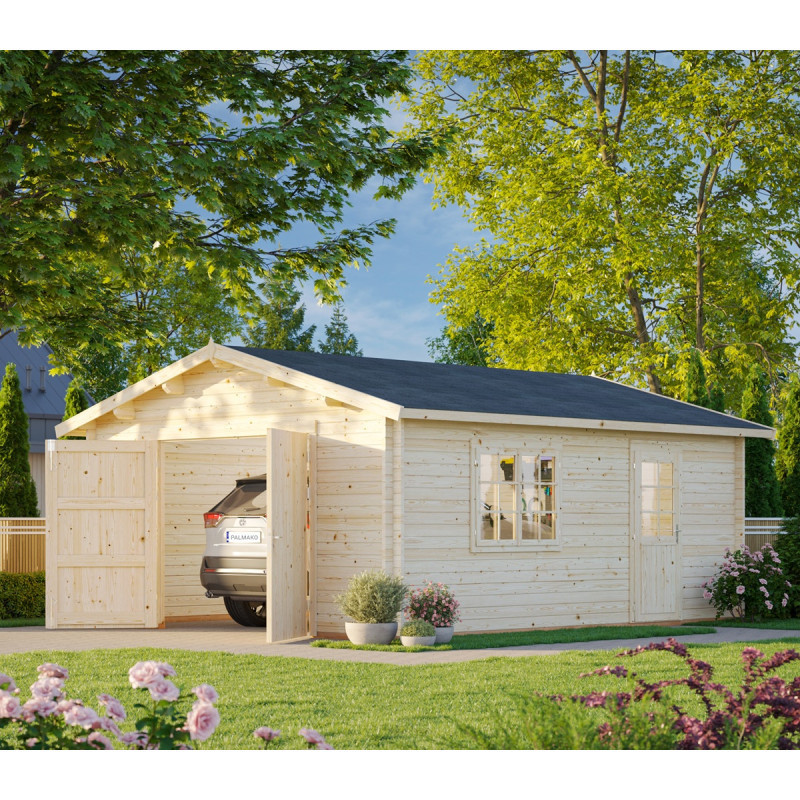 Garage en bois brut 24,8m² Roger - madriers 44mm - porte en bois - Palmako