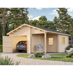 Garage en bois brut 28,05m² Roger avec terrasse - madriers 44mm - porte en bois - Palmako