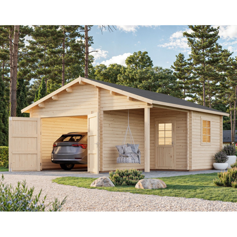 Garage en bois brut 28,05m² Roger avec terrasse - madriers 44mm - porte en bois - Palmako