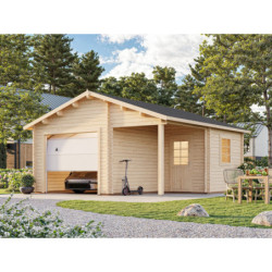 Garage en bois brut 28,05m² Roger avec terrasse - madriers 44mm - porte sectionnelle - Palmako