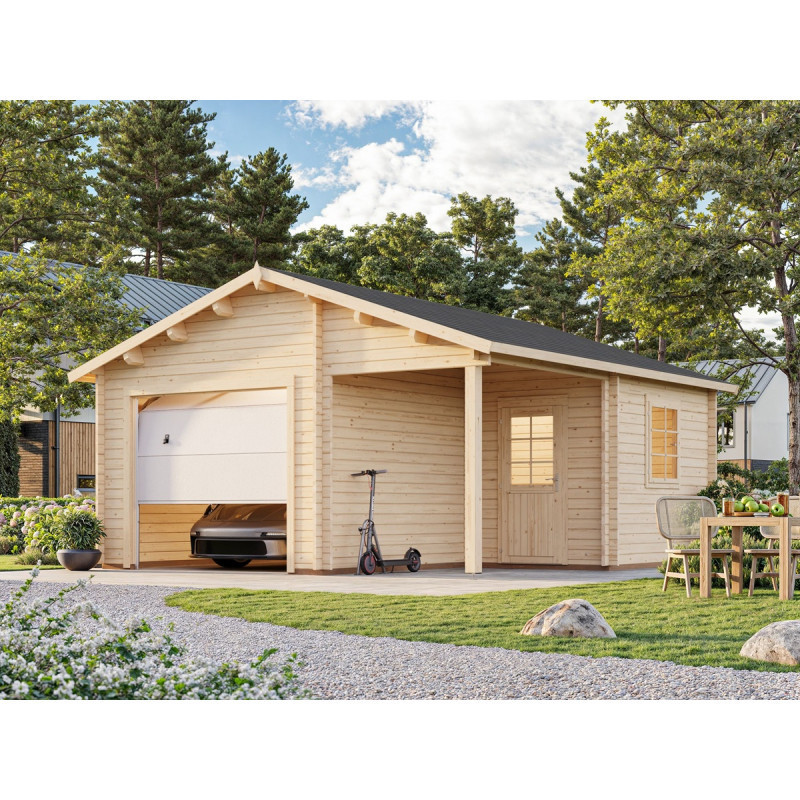 Garage en bois brut 28,05m² Roger avec terrasse - madriers 44mm - porte sectionnelle - Palmako