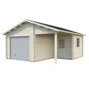 Garage en bois brut 28,05m² Roger avec terrasse - madriers 44mm - porte sectionnelle - Palmako