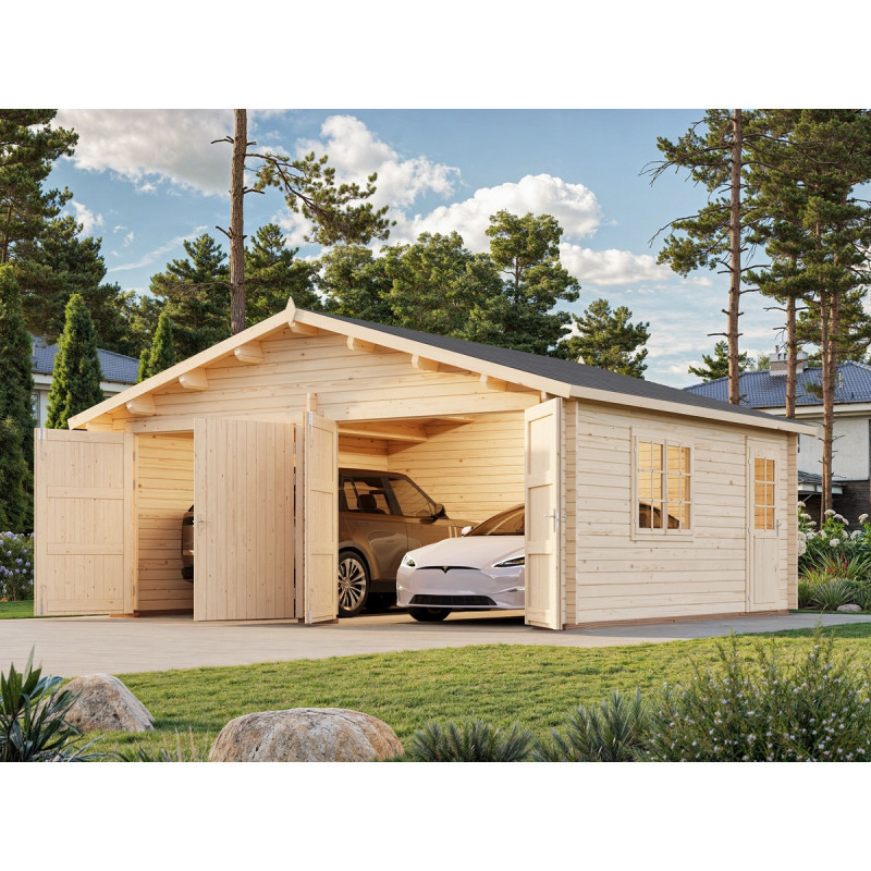 Garage double en bois brut 29,3m² Roger - madriers 44mm - porte en bois - Palmako