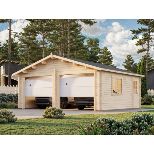 Garage double en bois brut 29,3m² Roger - madriers 44mm - porte sectionnelle - Palmako