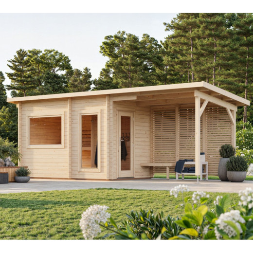 Sauna Sanna avec vestibule et terrasse 5,9m² - 2 à 4 places - bois massif 44mm - poêle inclus - Palmako