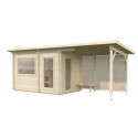 Sauna Sanna avec vestibule et terrasse 5,9m² - 2 à 4 places - bois massif 44mm - poêle inclus - Palmako