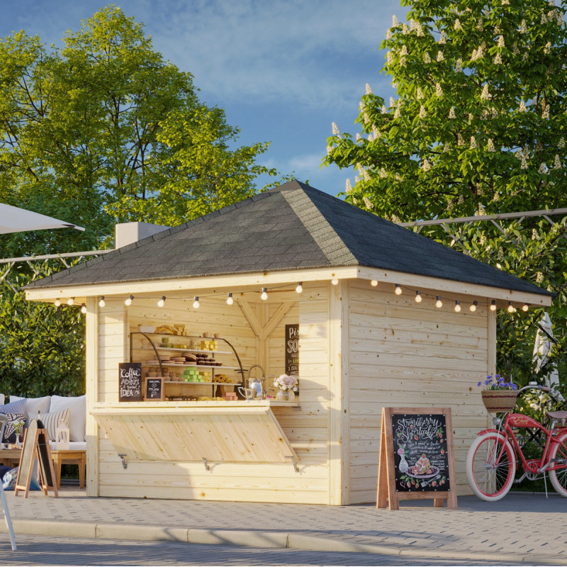Stand de vente en bois brut 9m² Bianca - madriers 28mm - Palmako