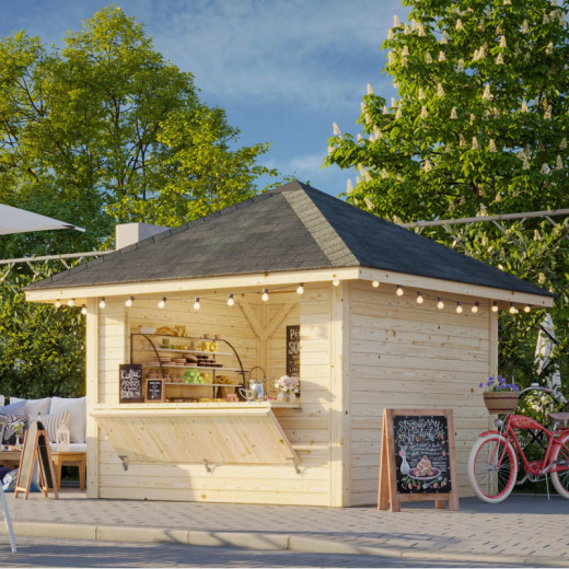 Stand de vente en bois brut 9m² Bianca - madriers 28mm - Palmako