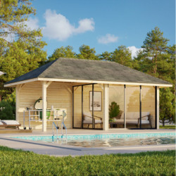 Pavillon de jardin en bois brut 17,64m² avec terrasse Bianca - madriers 28mm - Palmako