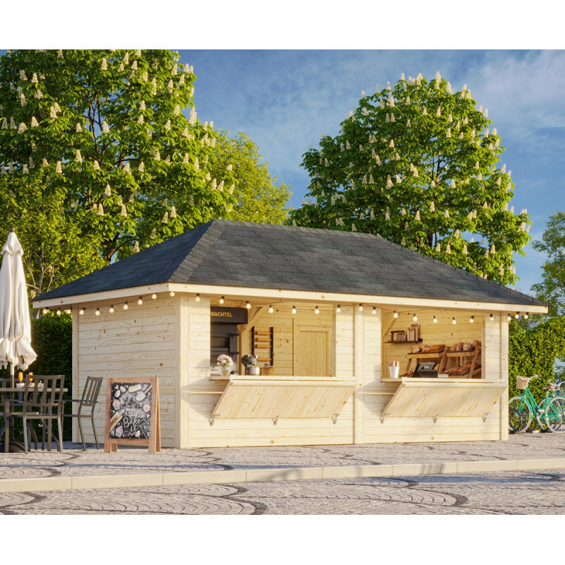 Stand de vente en bois brut 17,64m² Bianca - madriers 28mm - Palmako