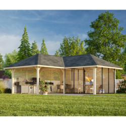 Pavillon de jardin en bois brut 34,6m² Bianca - madriers 28mm - terrasse avec parois à ventelles - Palmako