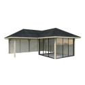 Pavillon de jardin en bois brut 34,6m² Bianca - madriers 28mm - terrasse avec parois à ventelles - Palmako