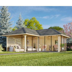 Pavillon de jardin en bois brut 34,6m² Bianca - madriers 28mm - terrasse 9m² avec parois à ventelles - Palmako	