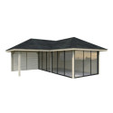 Pavillon de jardin en bois brut 34,6m² Bianca - madriers 28mm - terrasse 9m² avec parois à ventelles - Palmako	