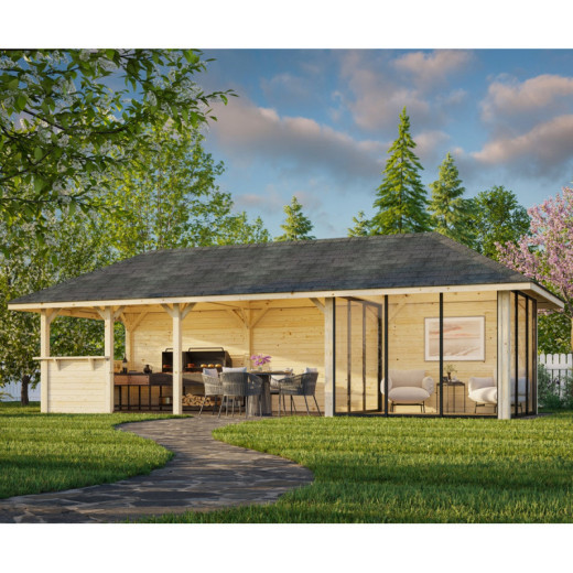 Pavillon de jardin en bois brut 34,6m² Bianca - madriers 28mm - terrasse 17,64m² avec comptoir - Palmako