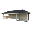 Pavillon de jardin en bois brut 34,6m² Bianca - madriers 28mm - terrasse 17,64m² avec comptoir - Palmako