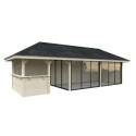 Pavillon de jardin en bois brut 34,6m² Bianca - madriers 28mm - terrasse 9m² avec comptoir - Palmako