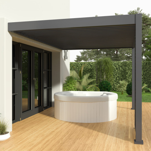 Pergola bioclimatique adossée en alu gris anthracite 3x4m Ombrea	