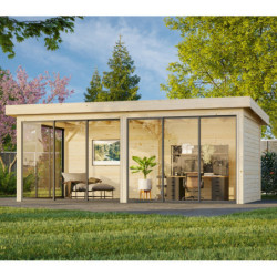 Pavillon de jardin en bois brut 17,64m² Lenna - madriers 28mm - baies vitrées - Palmako
