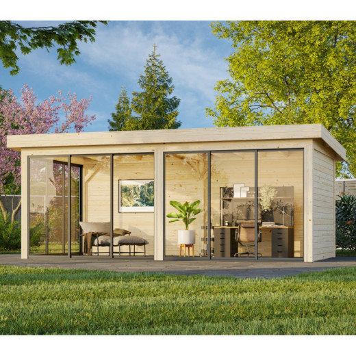 Pavillon de jardin en bois brut 17,64m² Lenna - madriers 28mm - baies vitrées - Palmako