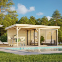 Pavillon de jardin en bois brut 17,64m² Lenna - madriers 28mm - terrasse et baies vitrées - Palmako