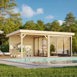 Pavillon de jardin en bois brut 17,64m² Lenna - madriers 28mm - terrasse et baies vitrées - Palmako