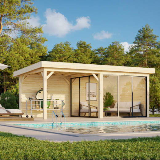 Pavillon de jardin en bois brut 17,64m² Lenna - madriers 28mm - terrasse et baies vitrées - Palmako