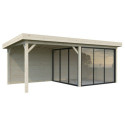 Pavillon de jardin en bois brut 17,64m² Lenna - madriers 28mm - terrasse et baies vitrées - Palmako
