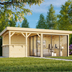 Pavillon de jardin en bois brut 17,64m² Lenna - madriers 28mm - terrasse avec comptoir et baies vitrées - Palmako
