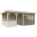 Pavillon de jardin en bois brut 17,64m² Lenna - madriers 28mm - terrasse avec comptoir et baies vitrées - Palmako