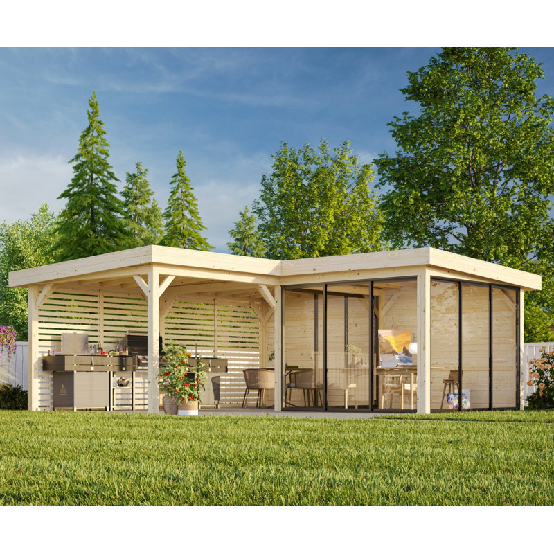 Pavillon de jardin en bois brut 34,6m² Lenna - madriers 28mm - terrasse 17,64m² avec parois à ventelles - Palmako