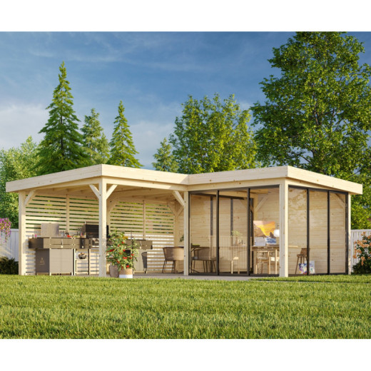 Pavillon de jardin en bois brut 34,6m² Lenna - madriers 28mm - terrasse 17,64m² avec parois à ventelles - Palmako