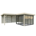 Pavillon de jardin en bois brut 34,6m² Lenna - madriers 28mm - terrasse 17,64m² avec parois à ventelles - Palmako
