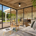 Pavillon de jardin en bois brut 34,6m² Lenna - madriers 28mm - terrasse 17,64m² avec parois à ventelles - Palmako