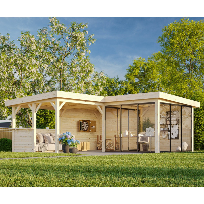 Pavillon de jardin en bois brut 34,6m² Lenna - madriers 28mm - terrasse 17,64m² avec comptoir - Palmako