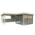 Pavillon de jardin en bois brut 34,6m² Lenna - madriers 28mm - terrasse 17,64m² avec comptoir - Palmako